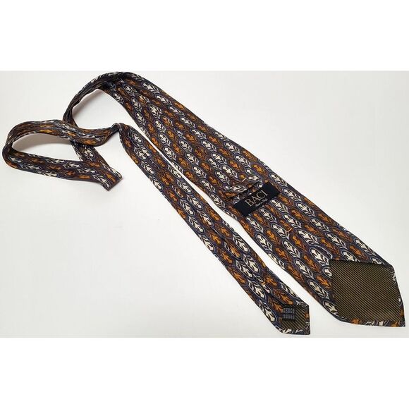 BACI Italy Necktie 100% Silk Feather Medallion Print Taupe/Gold/Steel Blue Tie - Picture 4 of 12